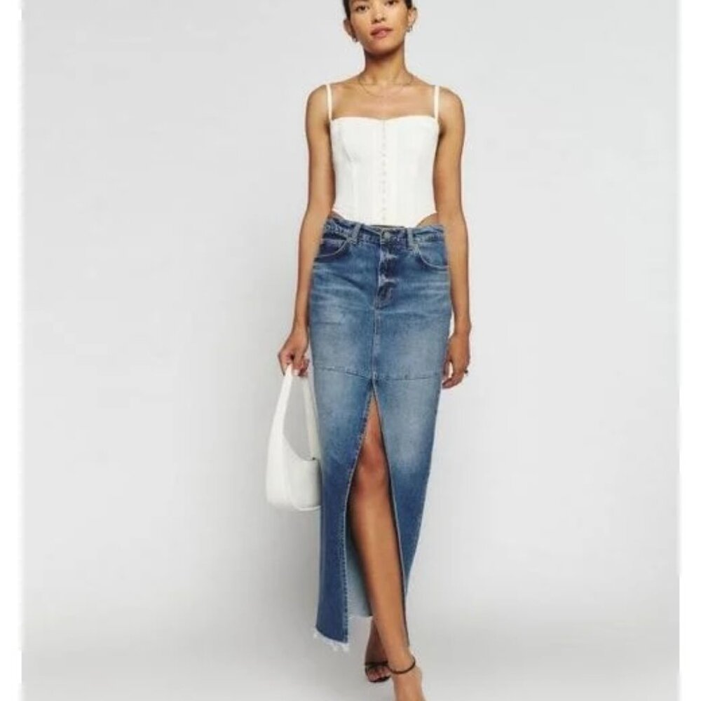 NWT Reformation Tazz Maxi Denim Jean Skirt in Hemlock Size 28